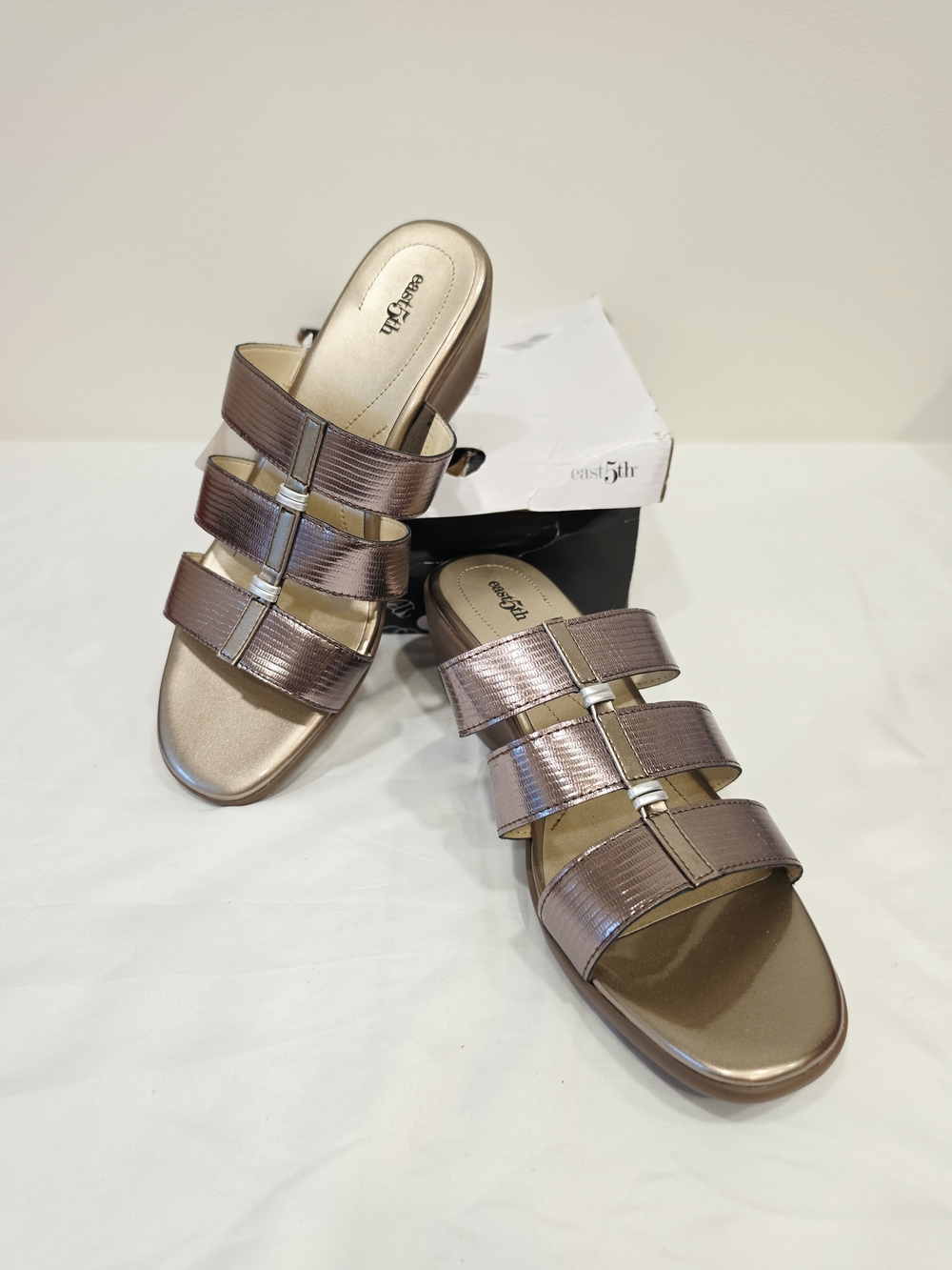 East 5th Evergreen Women's Metallic Bronze Triple-Strap Slide Sandals US Size 11